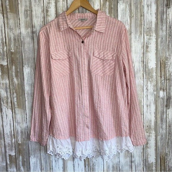 JODIFL Tops - Jodifl Pink Striped Doyle Bottom Button Down